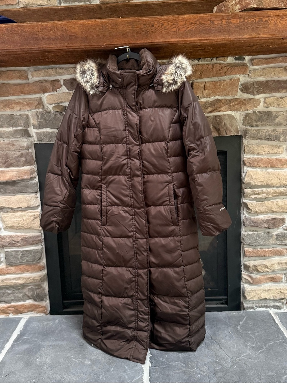 Eddie Bauer women’s full length down puffer coat sz small deep chocolate brown